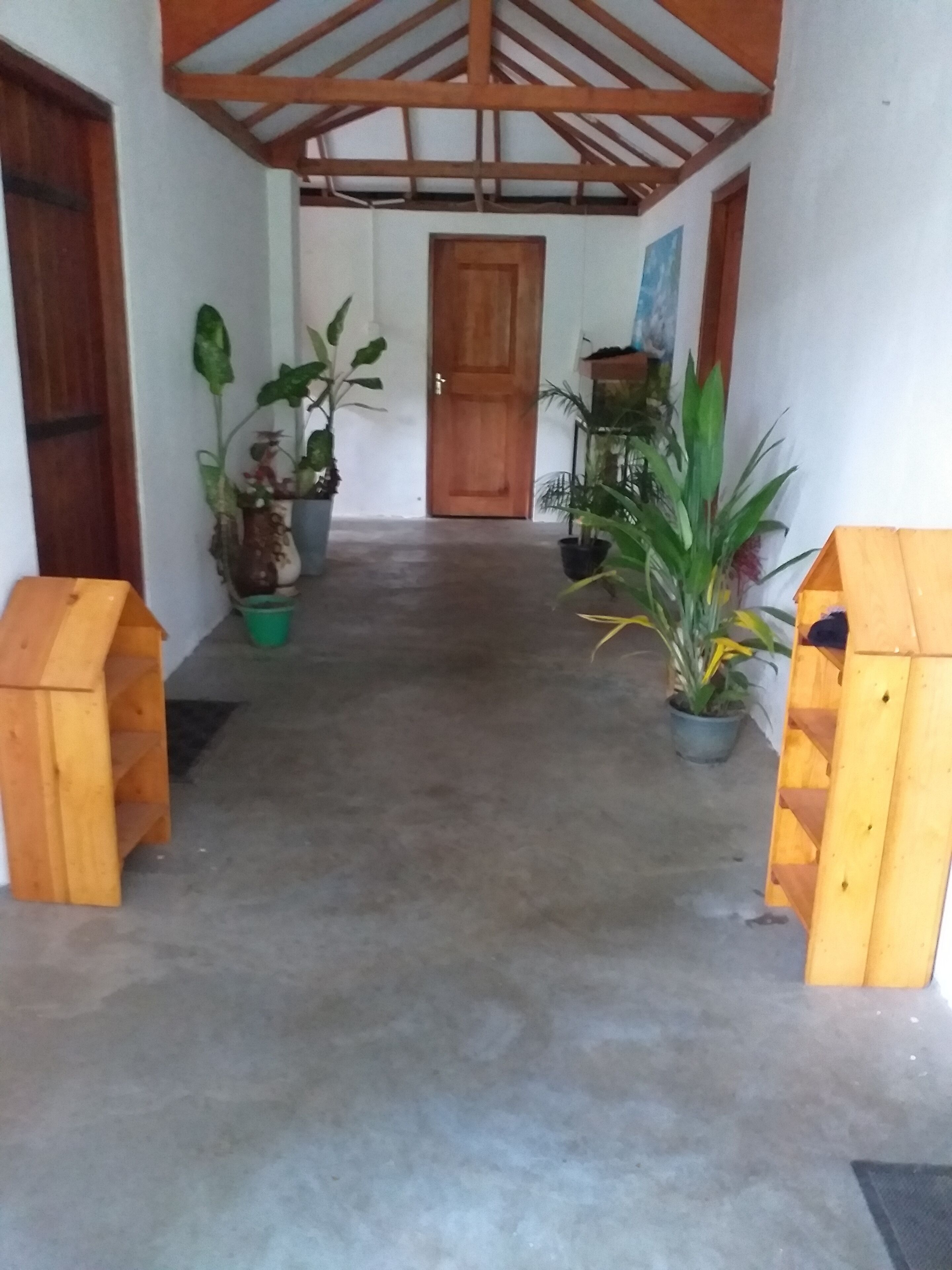 A hallway with a wooden ceiling, a concrete floor, and potted plants on either side.
