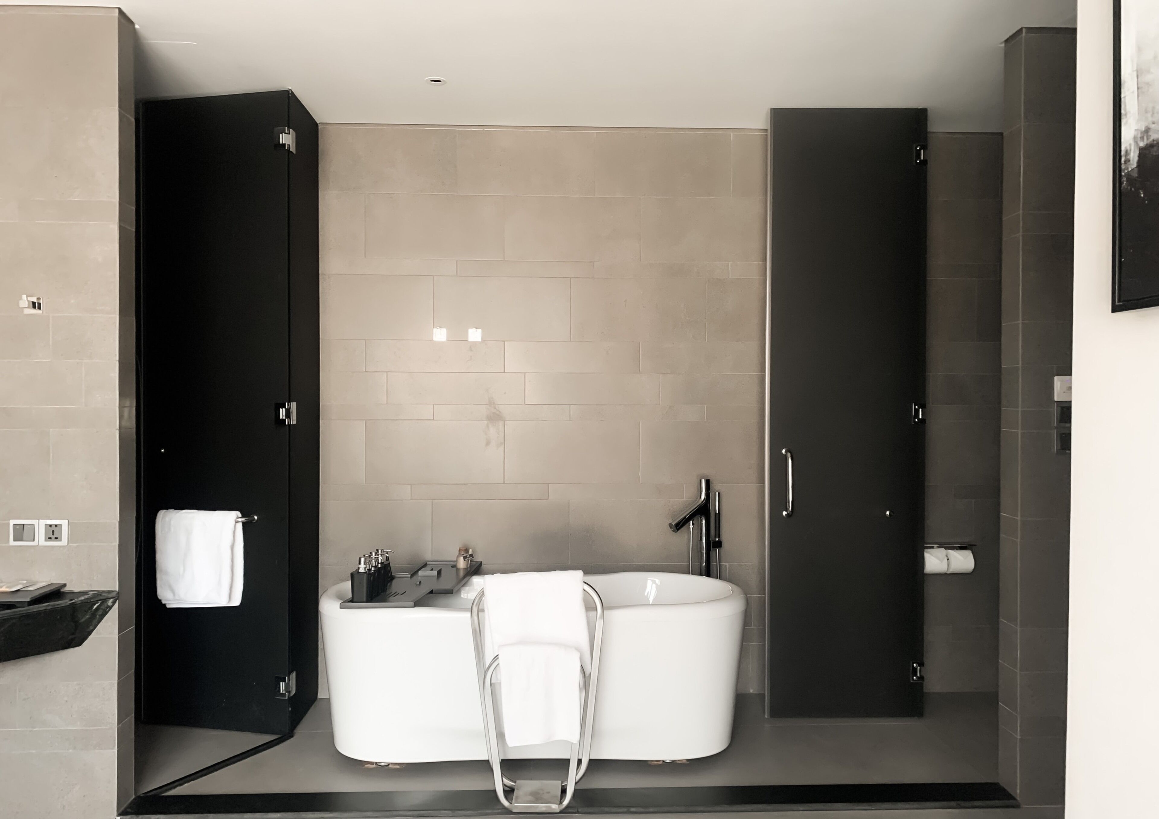 Une salle de bain moderne avec une baignoire sur pieds, un grand miroir et une porte de couleur sombre.