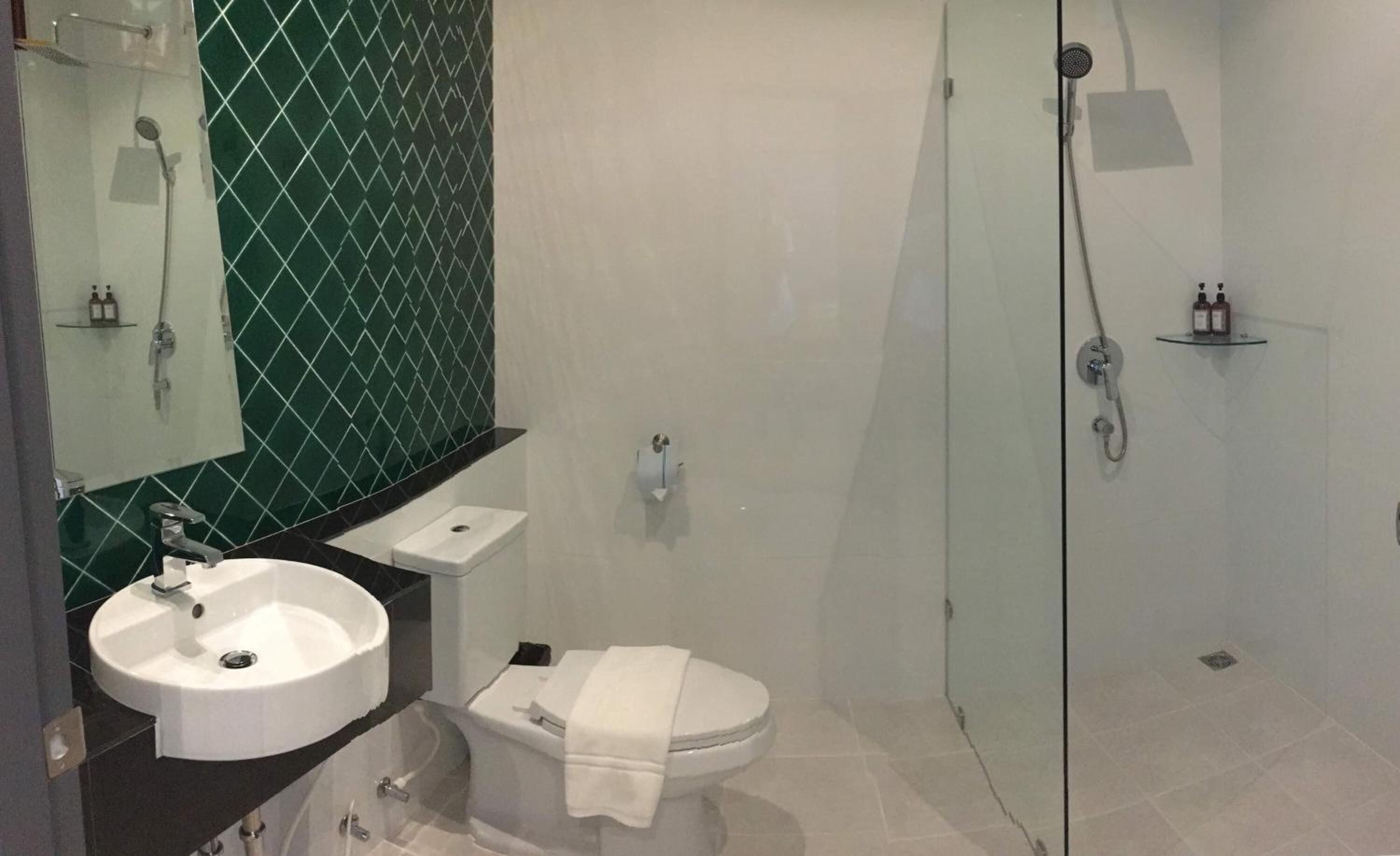 Een moderne badkamer met een douchecabine van glas, een witte wastafel en een toilet.