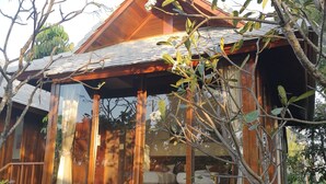 A wooden cabin with large windows, a sloped roof, and a garden area with various plants. - Veepana Resort (Ban Laem)