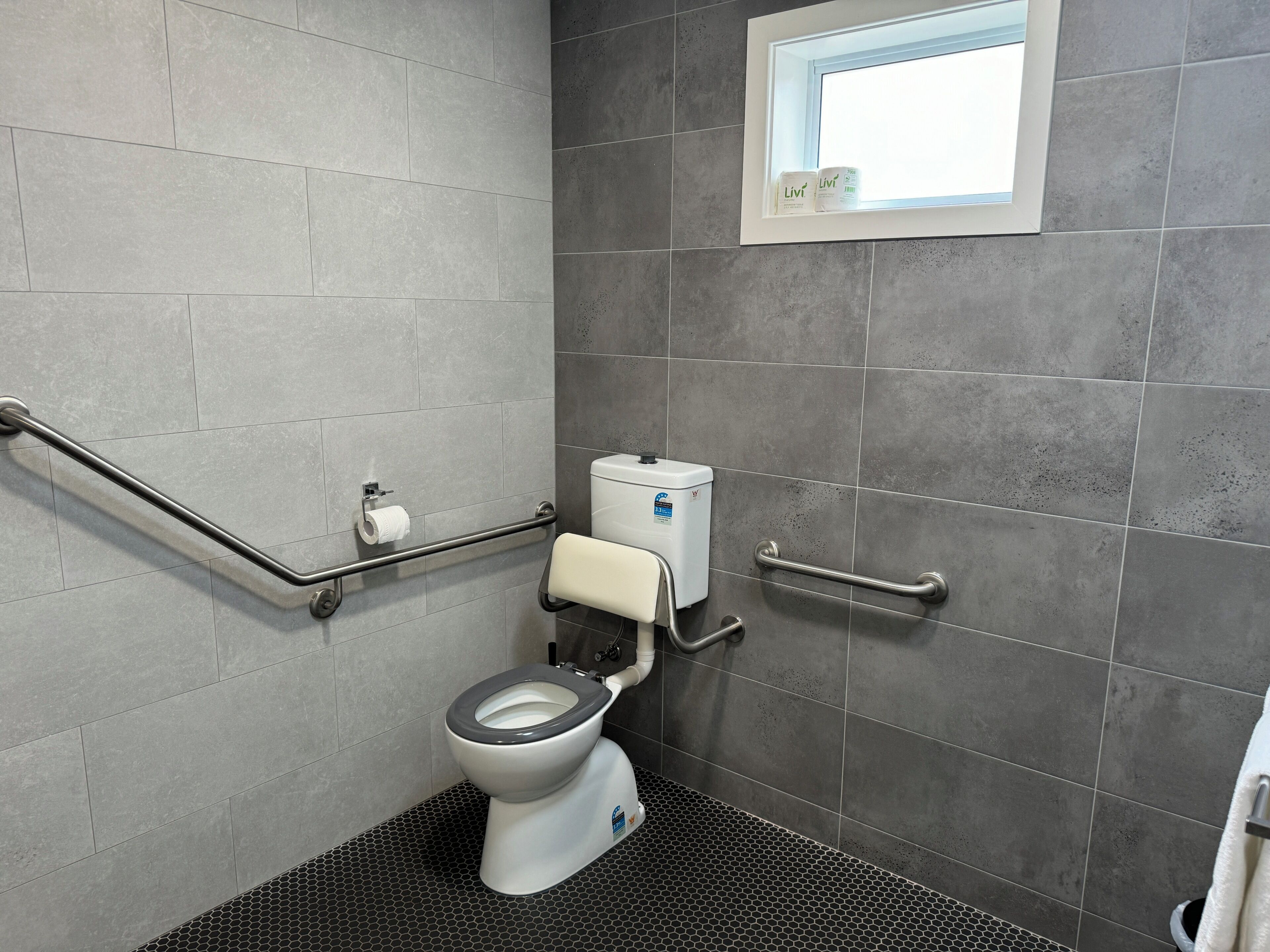 A modern bathroom with a toilet, grab bars, and a window.