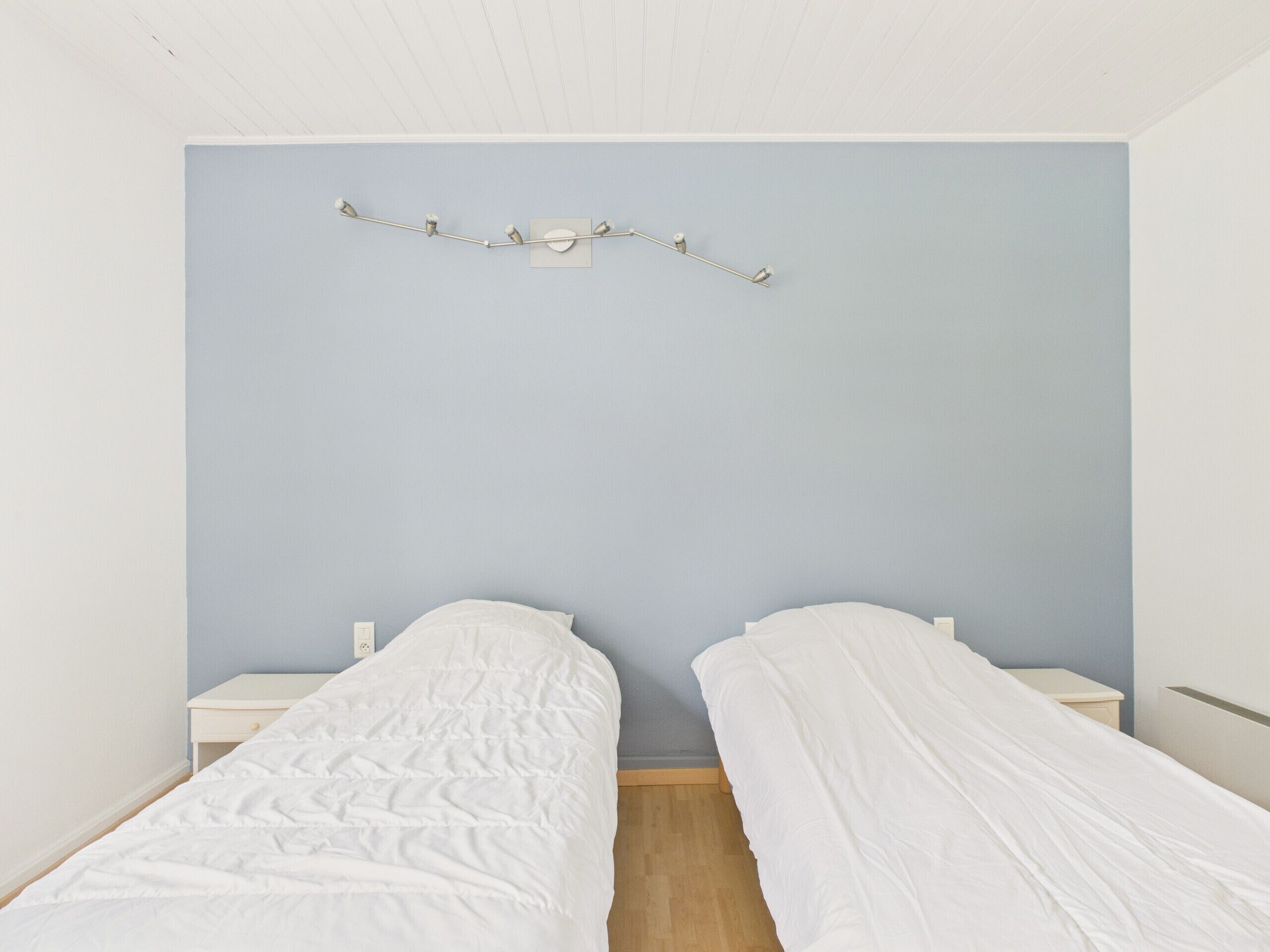 A twin room with two single beds, a light blue wall, and a ceiling with a light fixture.