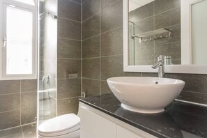 Douche, séchoir à cheveux, serviettes fournies, savon