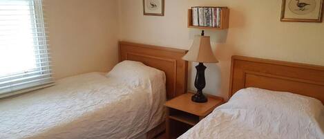 Une chambre avec deux lits simples, une table de chevet avec une lampe et une étagère avec des livres.