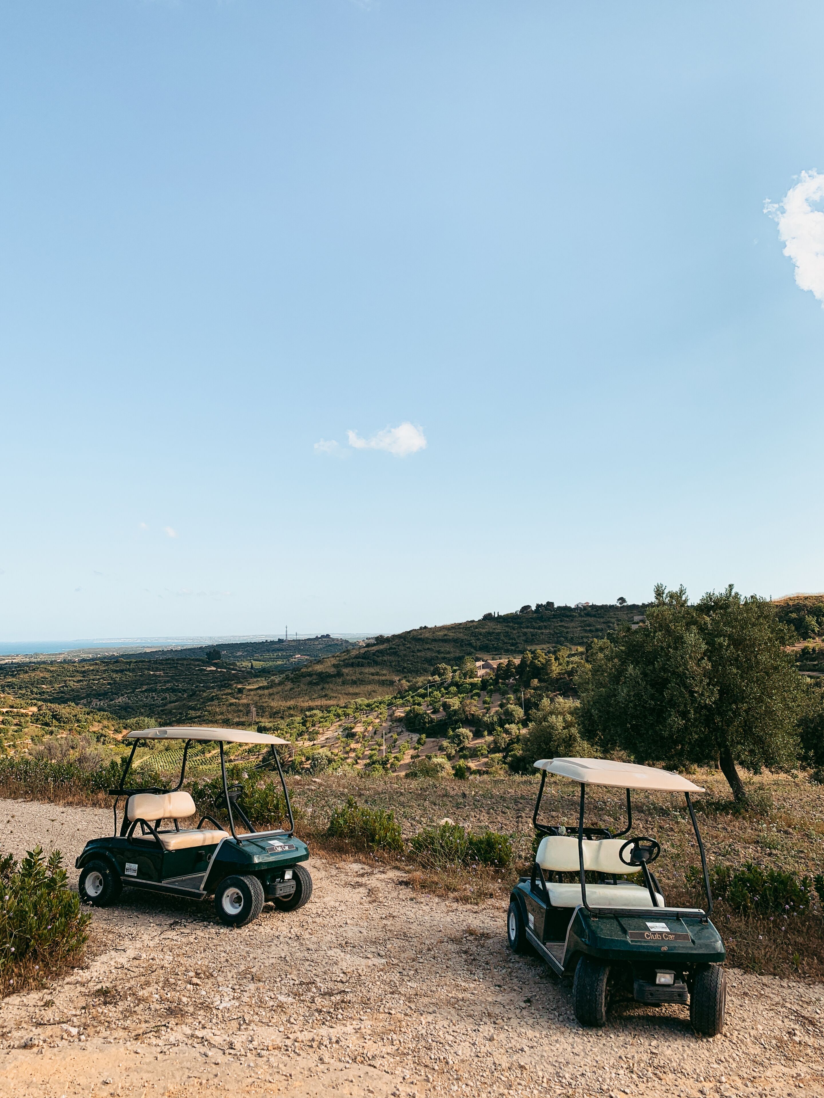 Two golf carts parked on a gravel path with a scenic view of a hilly landscape and distant horizon.