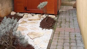 A wooden shed with a red roof, a door with a window, and a small plant in front. - Apartments Henc (Novigrad)