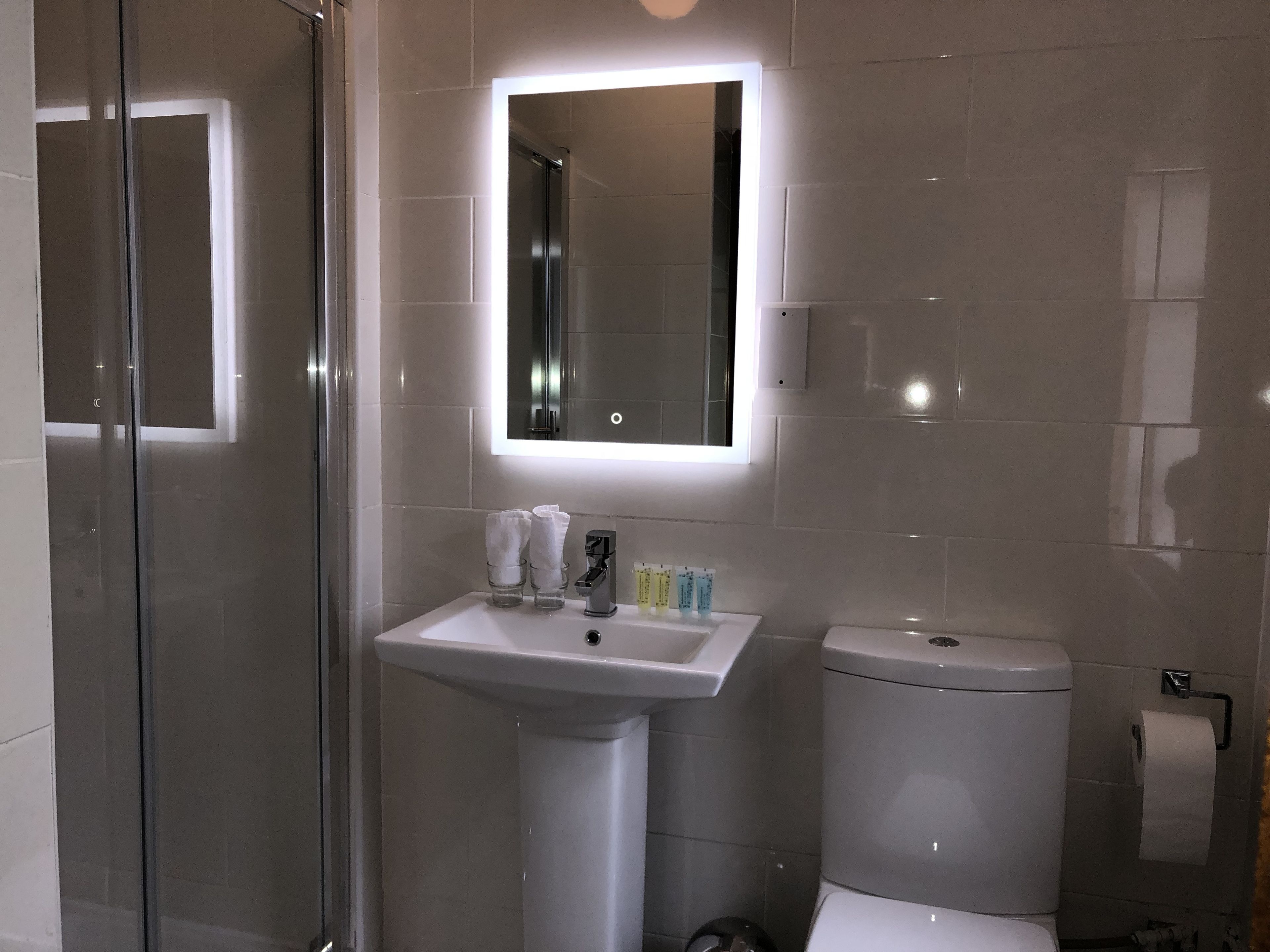 Un baño moderno con cabina de ducha de vidrio, un lavabo blanco con artículos de aseo y un inodoro.