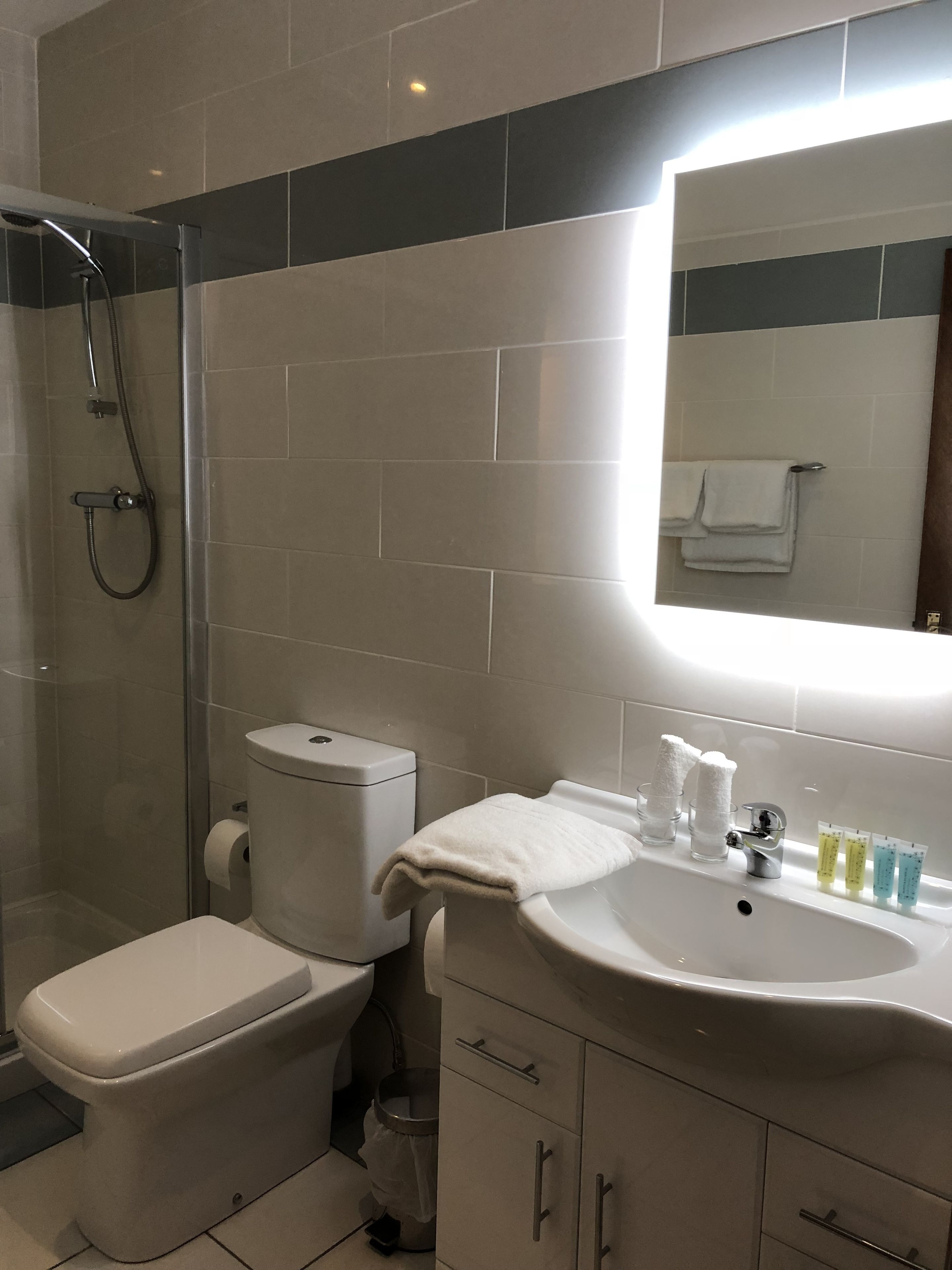 A bathroom with a toilet, shower, sink, and mirror.