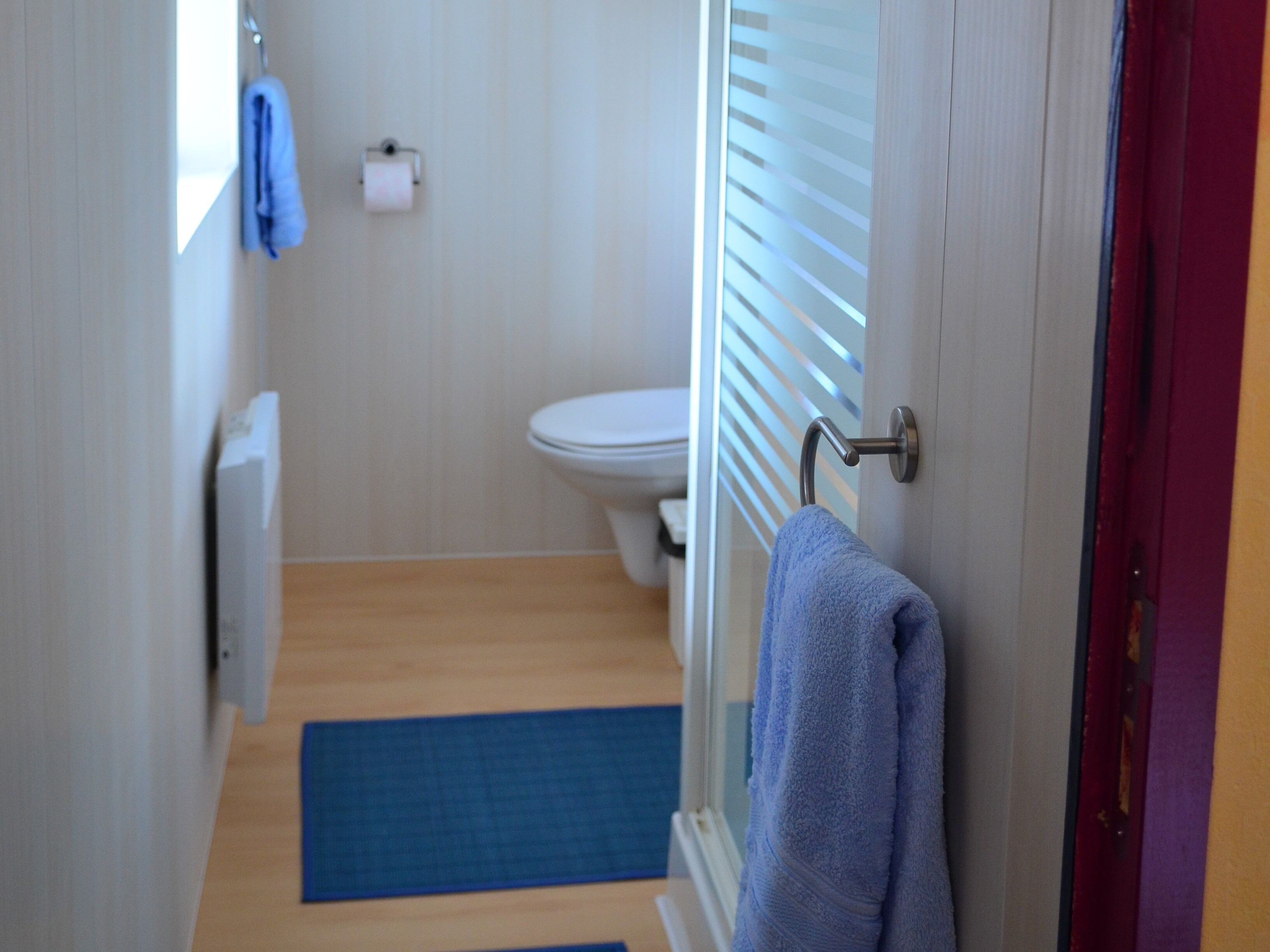 Un baño con inodoro, perchero para toallas y un tapete azul en el suelo.