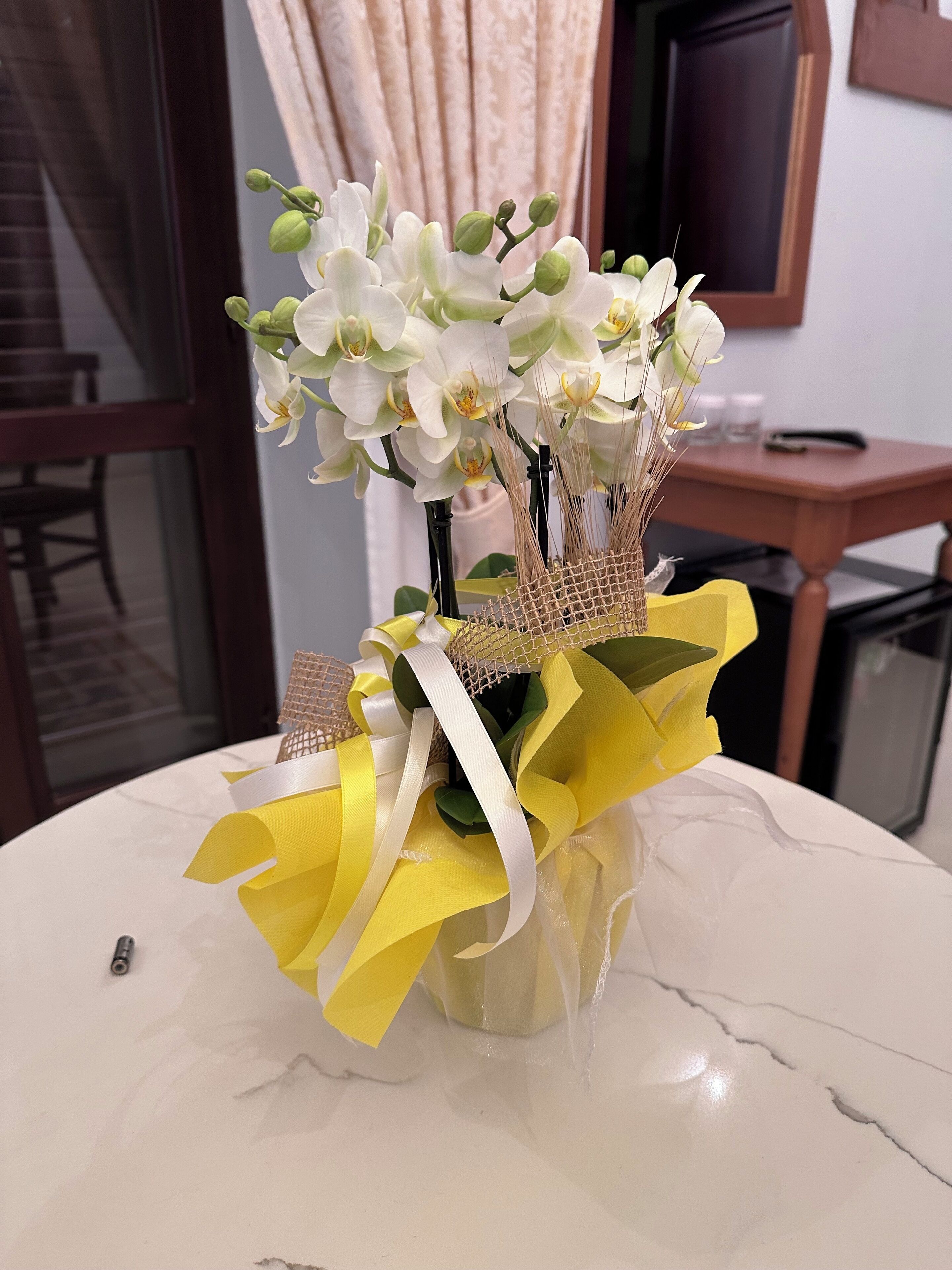 A vase with white orchids and yellow ribbons on a marble table.