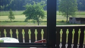 A room with a view of a rural landscape, including trees and fields.