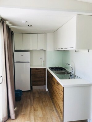 Deluxe-asuntovaunu | Yksityinen keittiö | Täysikokoinen jääkaappi, liesi, keittoastiat/astiat/ruokailuvälineet