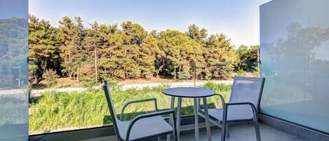 A balcony with a table and chairs, overlooking a forested area.