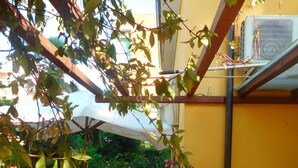 Un sendero estrecho bordeado por plantas en macetas y un edificio amarillo con toldo metálico.