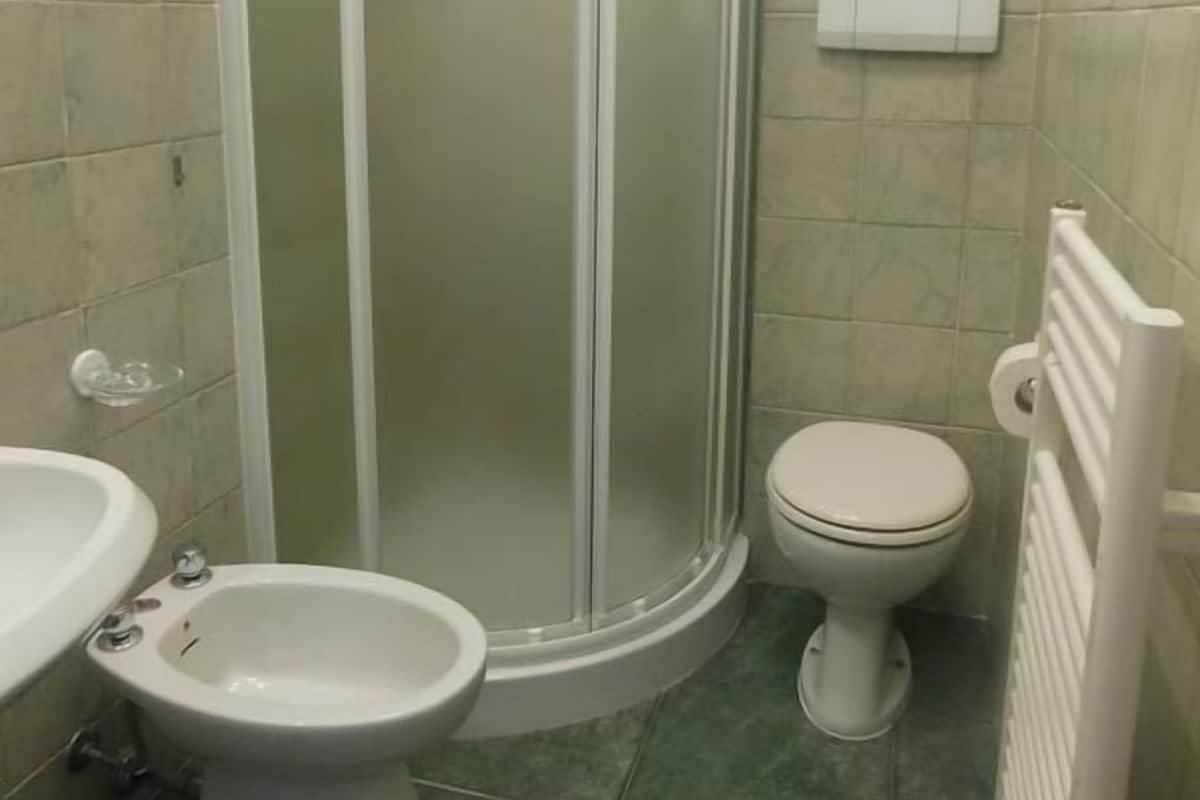 A bathroom with a shower enclosure, a toilet, and a bidet.
