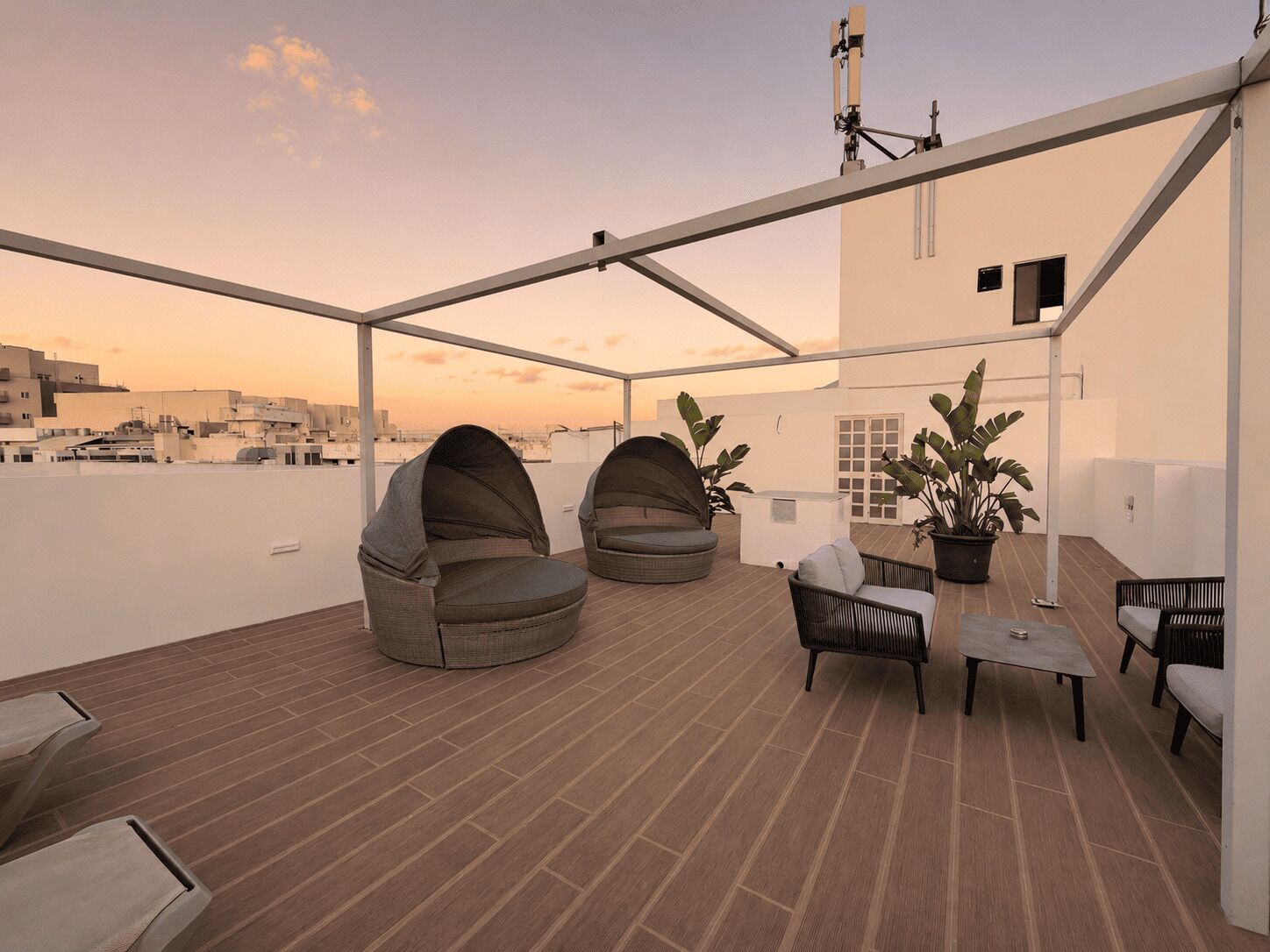 Terraço no telhado com duas áreas de estar amplas e curvas, uma pequena mesa e um vaso de planta.