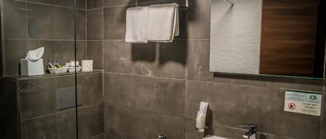 A modern bathroom with a glass shower enclosure, a sink, and a mirror.