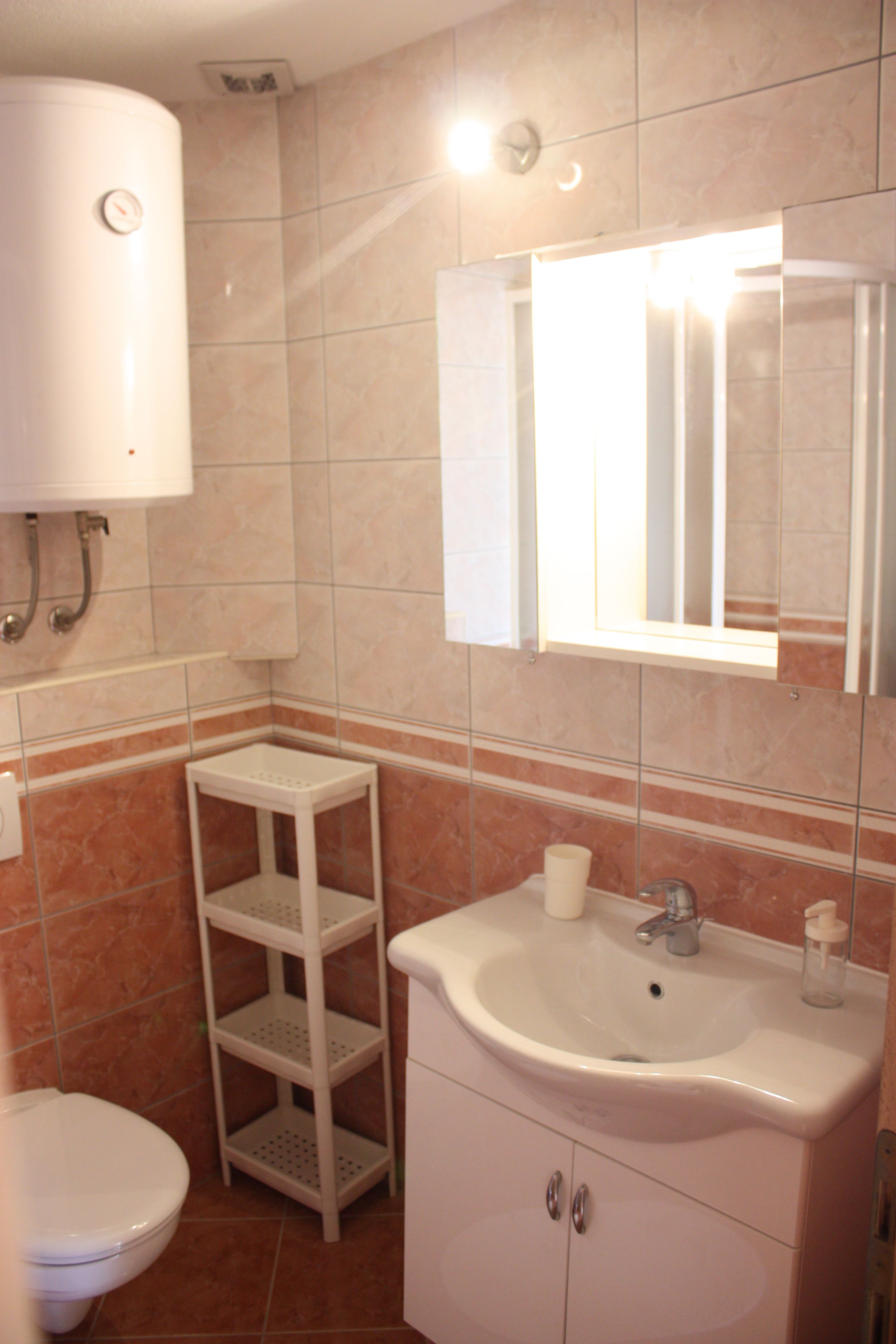 A bathroom with a toilet, a sink, a mirror, and a shelf unit.