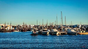A marina with various boats docked, surrounded by buildings. - Hotel Arisha (Houmt Souk)