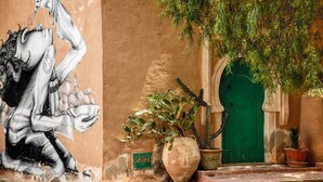 A mural of a figure holding a microphone, a green door, and potted plants. - Hotel Arisha (Houmt Souk)