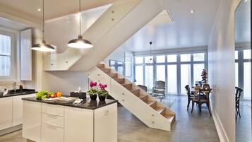 Luxury Apartment, 2 Bedrooms | Private kitchen | Full-sized fridge, microwave, oven, stovetop