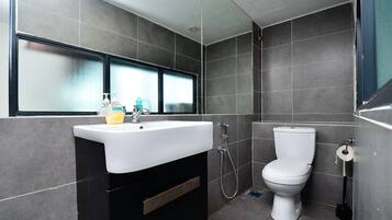 Shower, hair dryer, bidet, towels