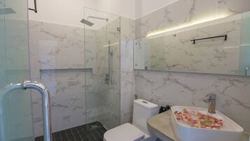 Shower, hair dryer, towels, soap