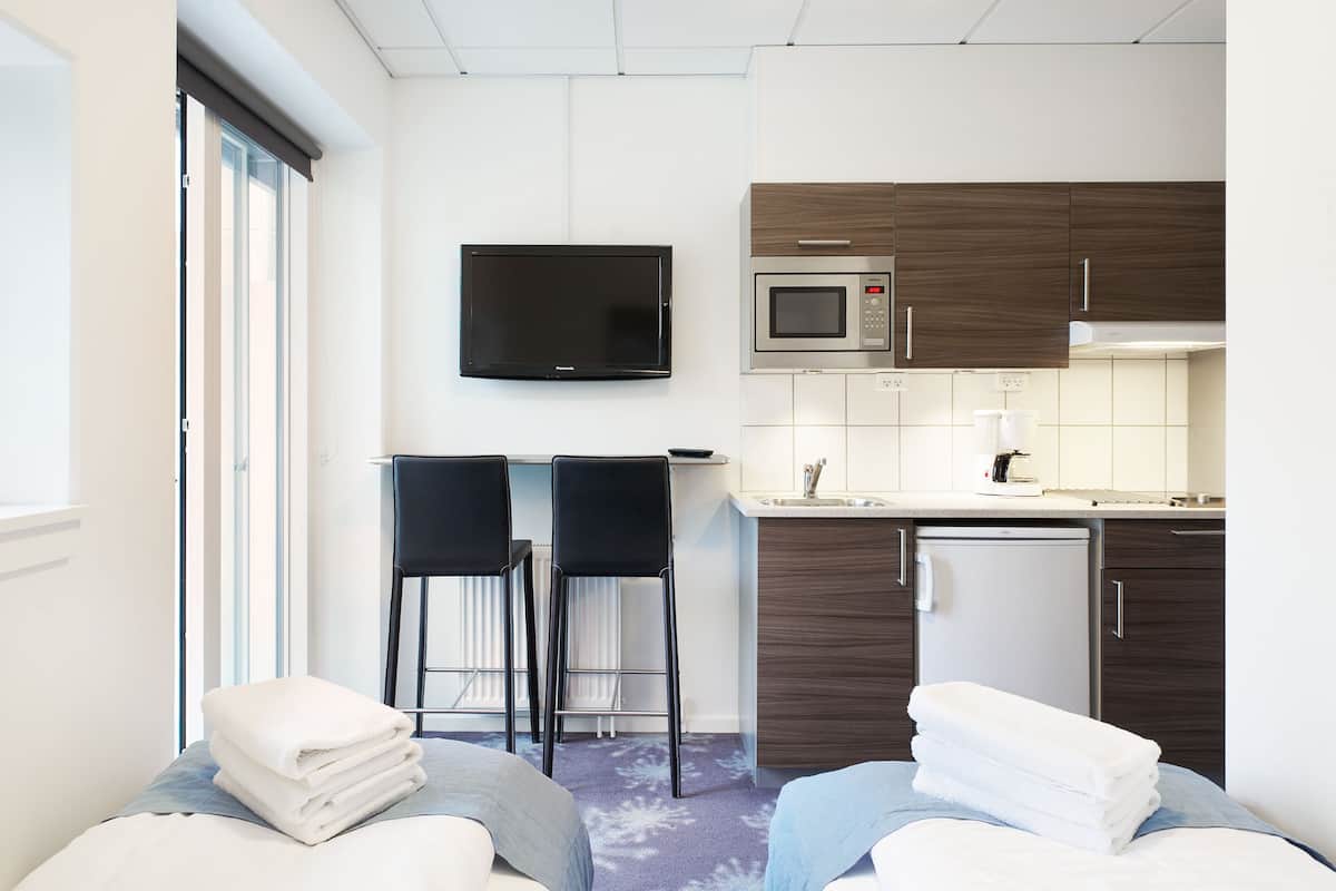 fridge, microwave, stovetop, coffee/tea maker