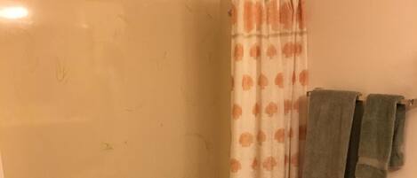 A bathroom with a bathtub, toilet, and shower curtain.