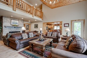 TV, fireplace, DVD player, stereo - Lakefront home with private dock, firepit, playground & lake views (Eagle River)