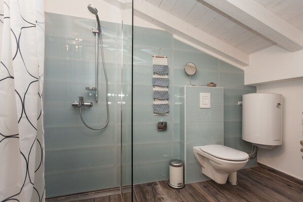 A modern bathroom with a glass shower enclosure, a toilet, and a wall-mounted toilet paper holder. - Apartments and Rooms Hey Rovinj (Rovinj)