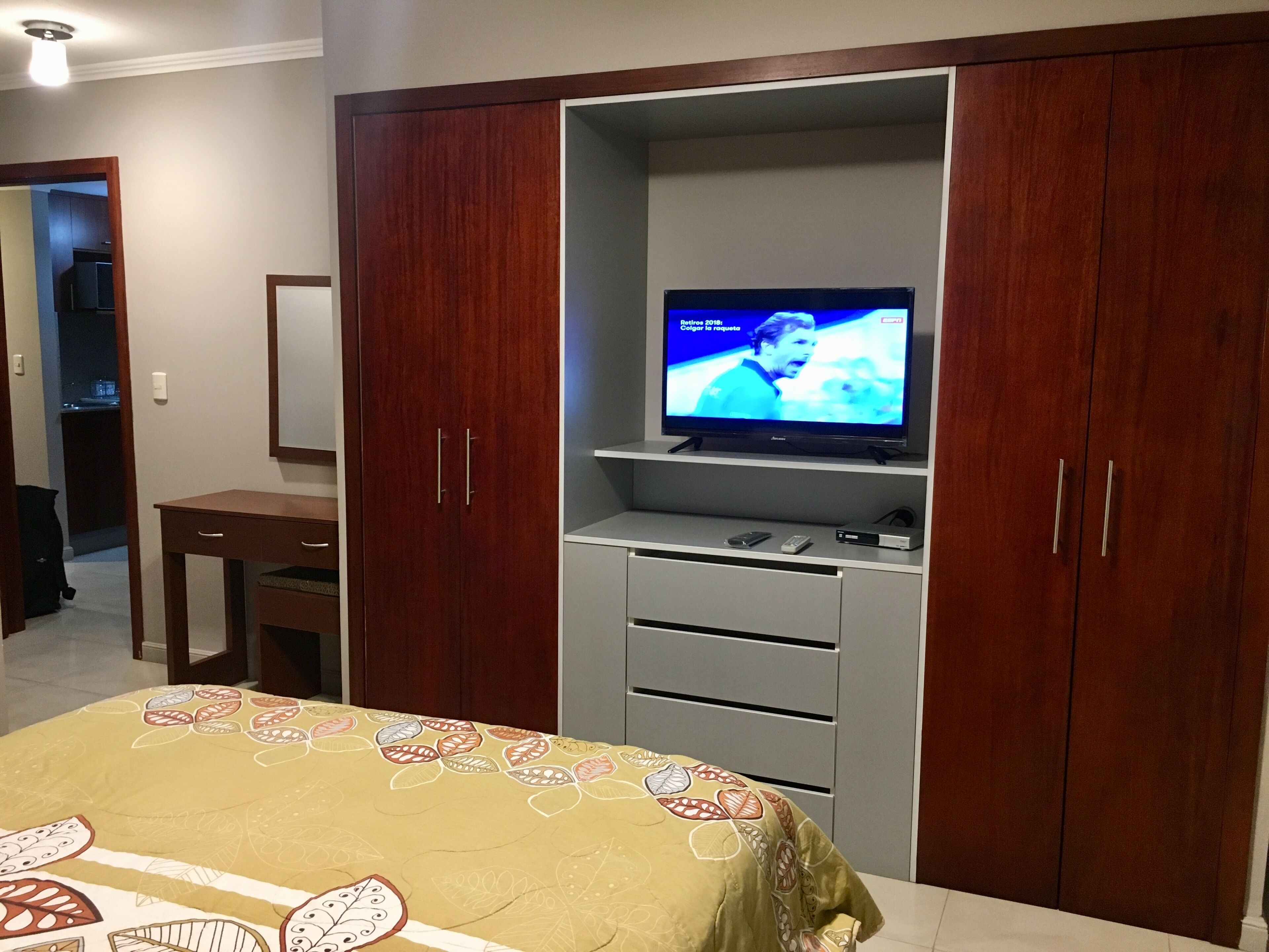 A bedroom with a bed, a TV on a stand, a wardrobe, and a desk.
