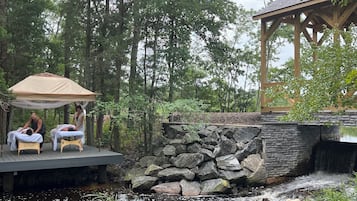 Outdoor treatment area, hot stone massages, deep-tissue massages