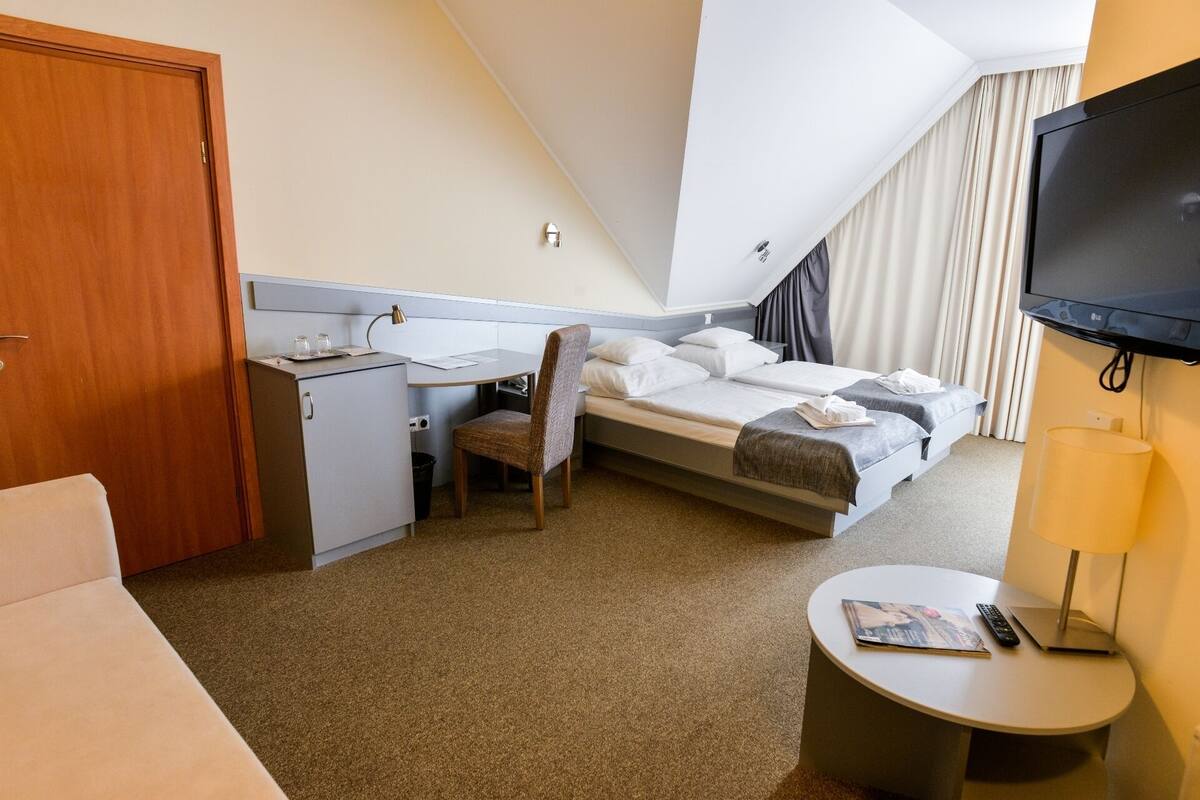 Una habitación de hotel con cama, escritorio, silla y televisor.