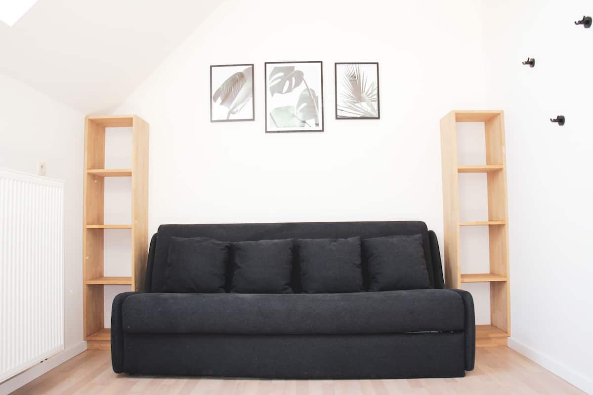 Un sofá negro con cinco cojines en una habitación con paredes blancas, piso de madera e impresiones botánicas enmarcadas en la pared.