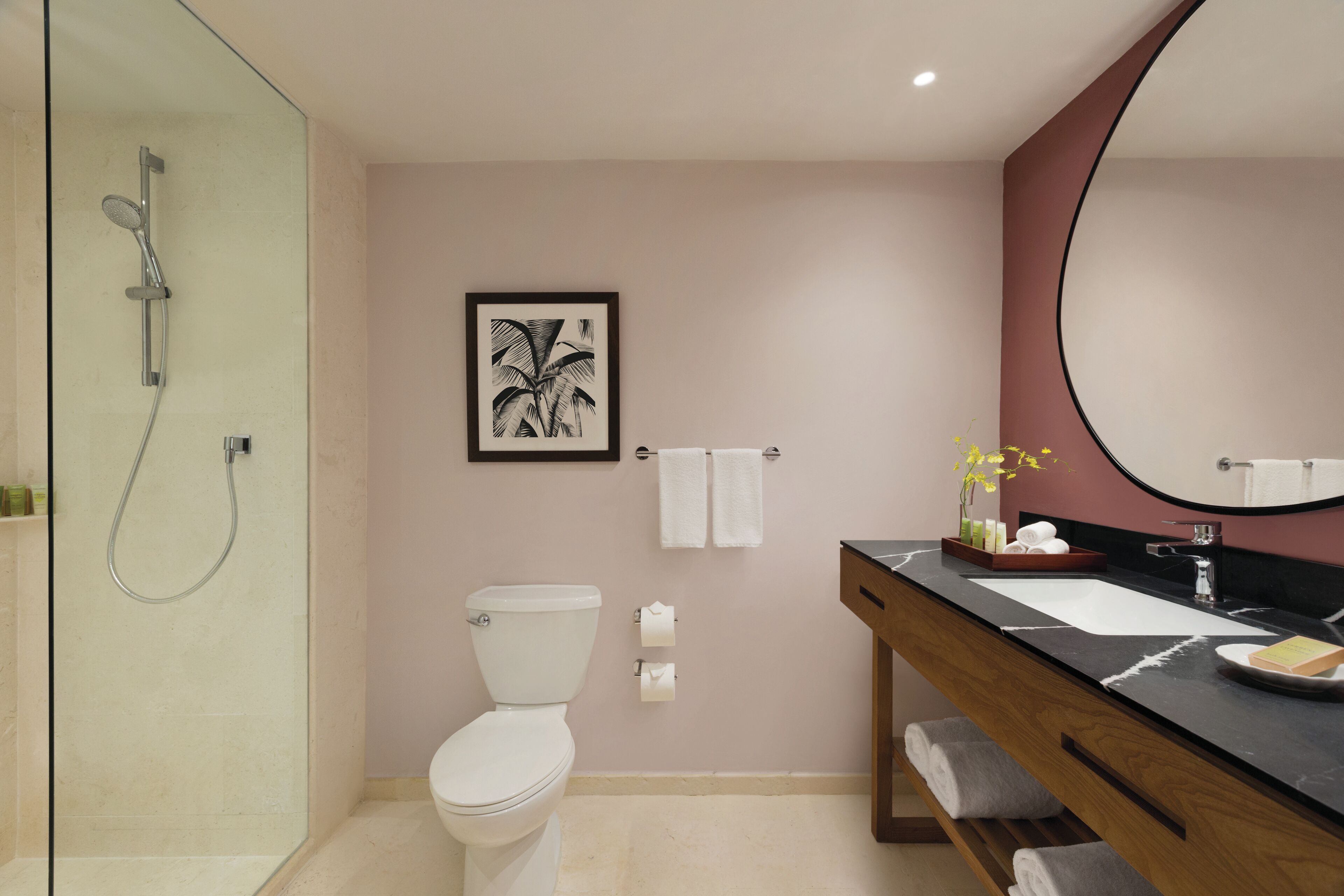 A modern bathroom with a glass-enclosed shower, a white toilet, a wooden vanity with a black countertop, and a large mirror.