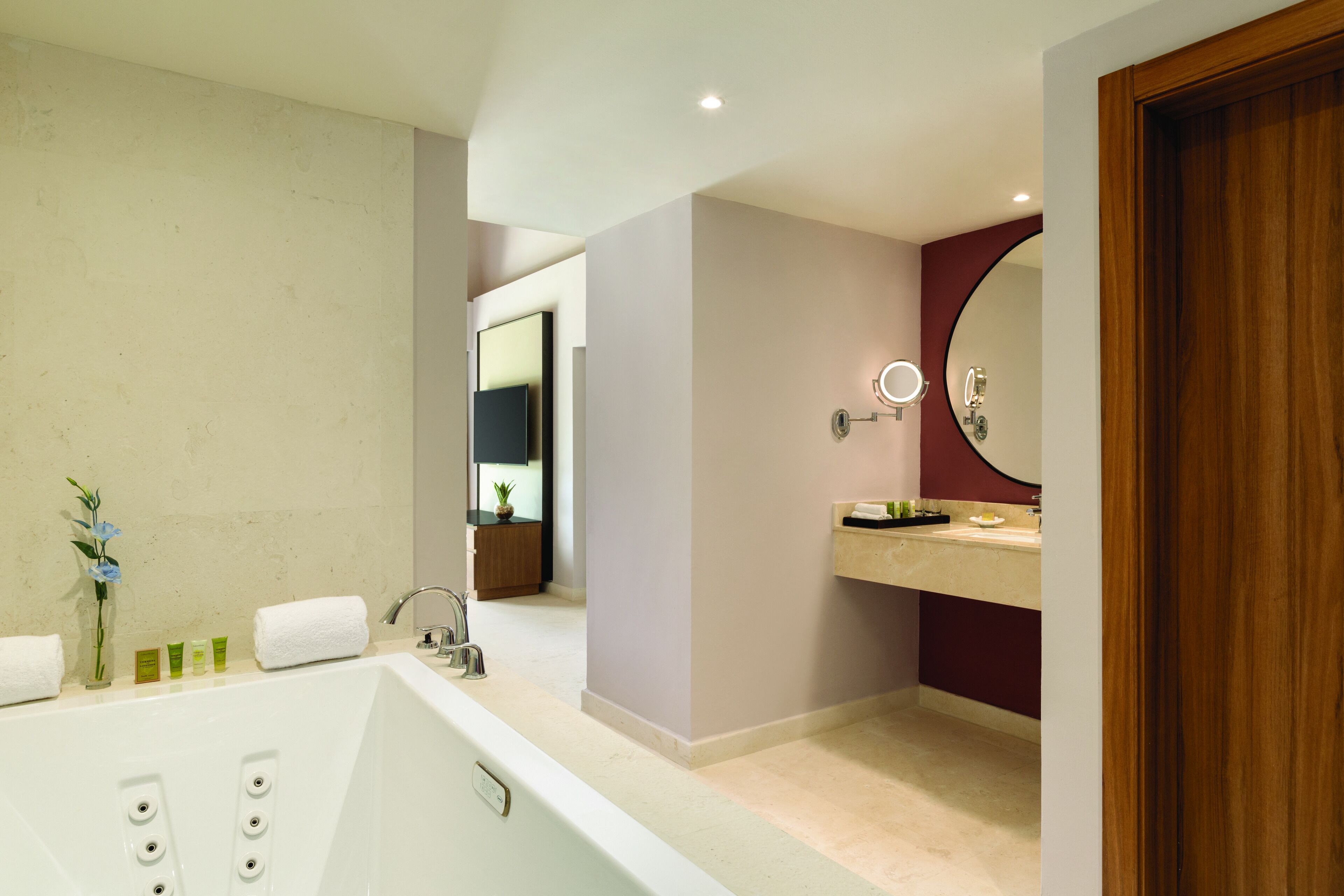 A modern bathroom with a large bathtub, a vanity with a mirror, and a wooden door.