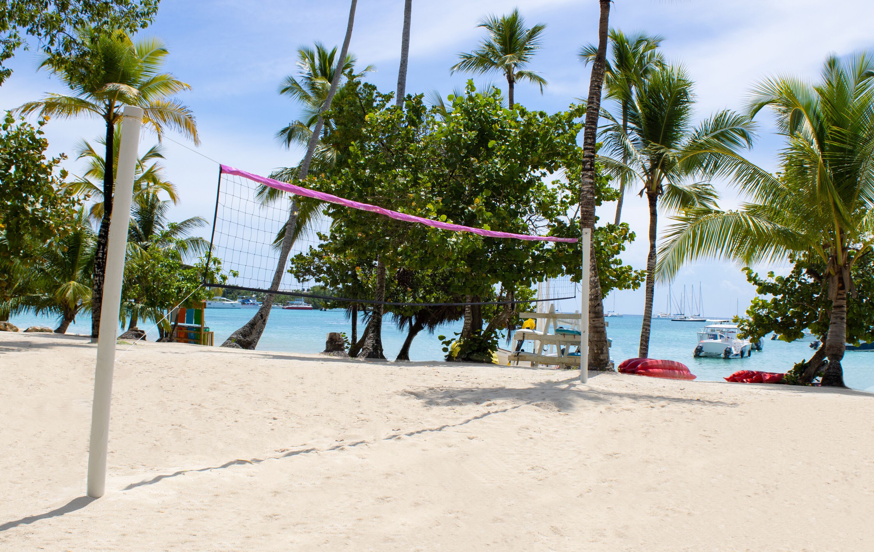 Una red de voleibol de playa con palmeras y barcos al fondo.