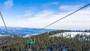 A person on a zip line with a mountainous landscape in the background. - 3 Bears Cottage | Pet Friendly & Hot tub & Pines! (Ruidoso)