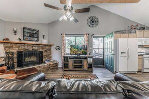 TV, fireplace, video library