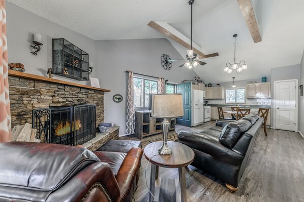 TV, fireplace, video library