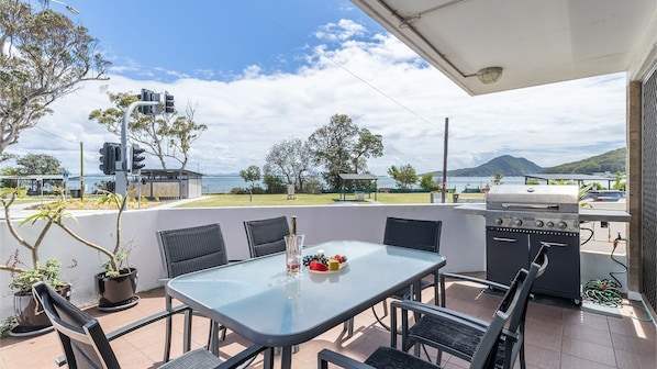 Outdoor dining - Fleetwood, 2/63 Shoal Bay Road - spectacular views (Shoal Bay)