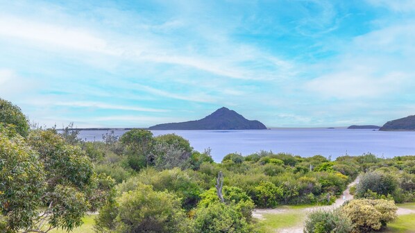 A coastal landscape with dense greenery, a clear sky, and a large body of water with distant islands. - Intrepid, 6/3 Intrepid Close - right on the waterfront (Nelson Bay)