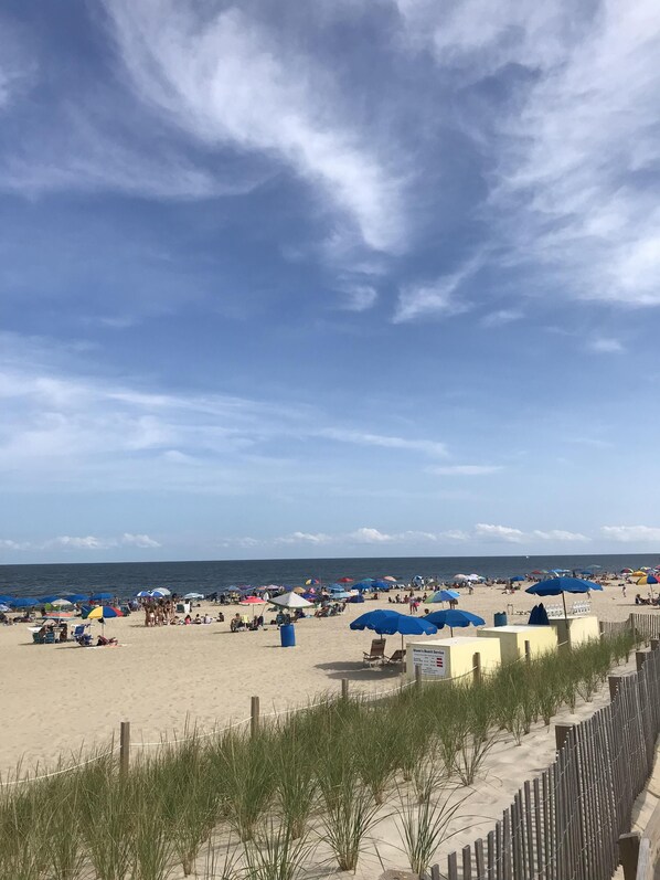 Plage à proximité, chaise longue, parasol, serviettes de plage