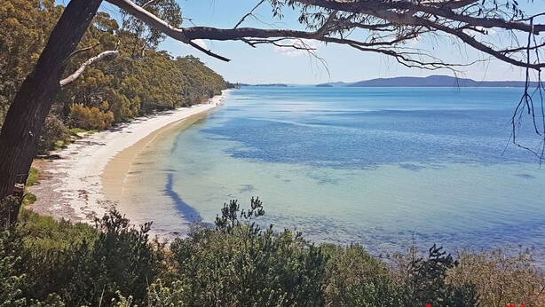A coastal landscape with a sandy beach, clear blue waters, and dense greenery. - Happy Tails , 55 Pantowora Street - pet friendly, air conditioned (Corlette)