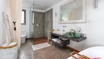 Separate tub and shower, rainfall showerhead, free toiletries