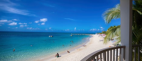 Beach nearby, white sand, beach umbrellas