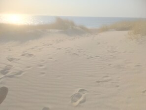 A sandy beach with footprints leading towards the ocean. - Wunderbares Haus nur 20 Meter vom Wasser mit riesengroßes Grundstück! Herrlich. (Dänemark)