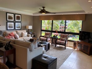 Flat-screen TV, DVD player, stereo