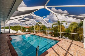 Outdoor pool, pool umbrellas, pool loungers